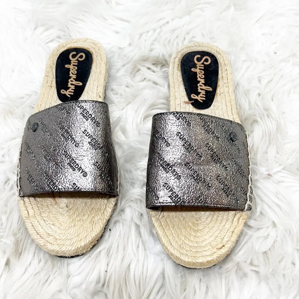 Superdry Maya Metallic Silver Logo Espadrille Slides size 6